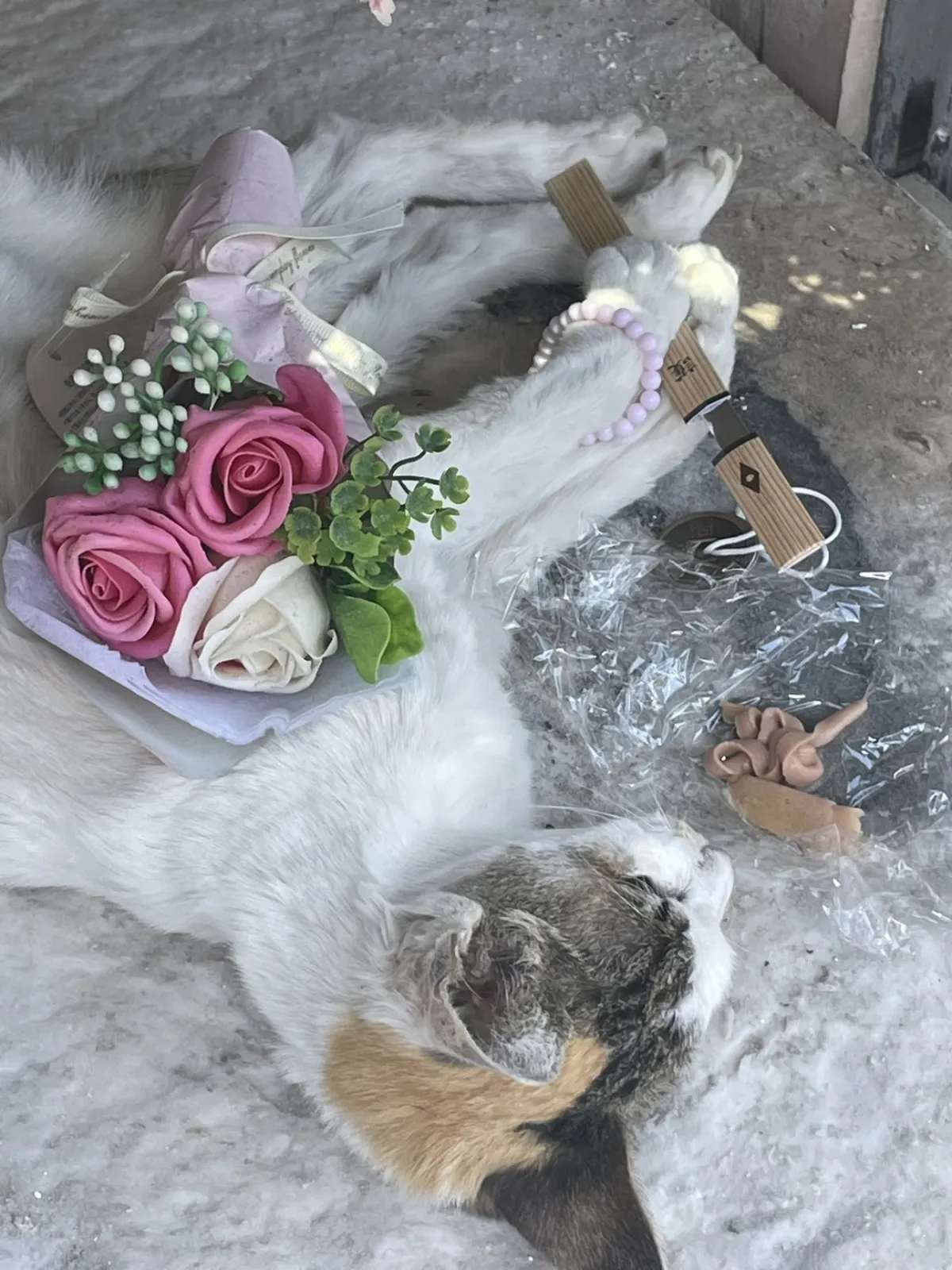 北九州市小倉北区での三毛猫ちゃんのお見送り|ピンクのバラのソープフラワーの花束が飾られた祭壇